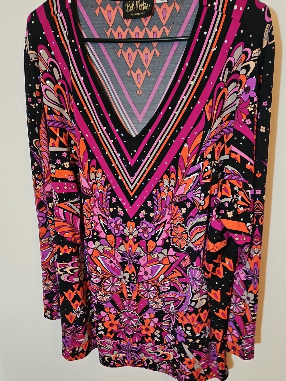 Bob Mackie Wearable Art Pink & Orange Floral V-Neck Rhinestone Top 3XL